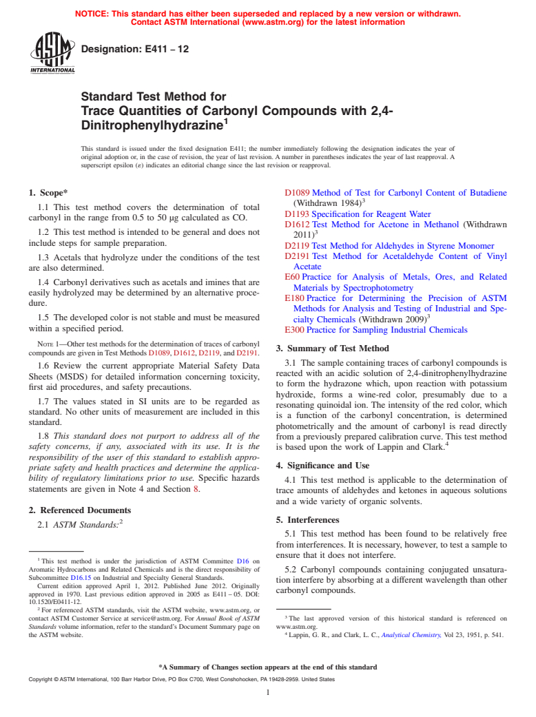 ASTM E411-12 - Standard Test Method for  Trace Quantities of Carbonyl Compounds with 2,4-Dinitrophenylhydrazine