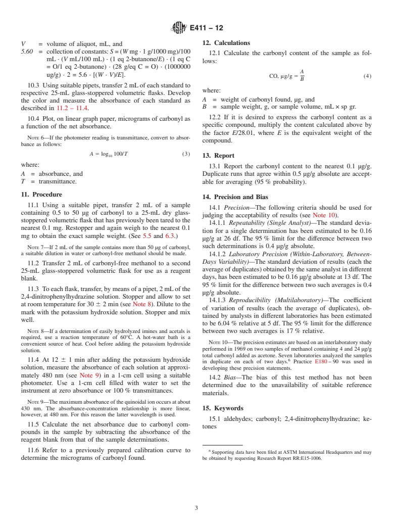 ASTM E411-12 - Standard Test Method for  Trace Quantities of Carbonyl Compounds with 2,4-Dinitrophenylhydrazine