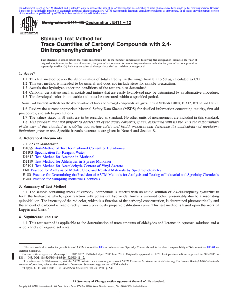 REDLINE ASTM E411-12 - Standard Test Method for  Trace Quantities of Carbonyl Compounds with 2,4-Dinitrophenylhydrazine