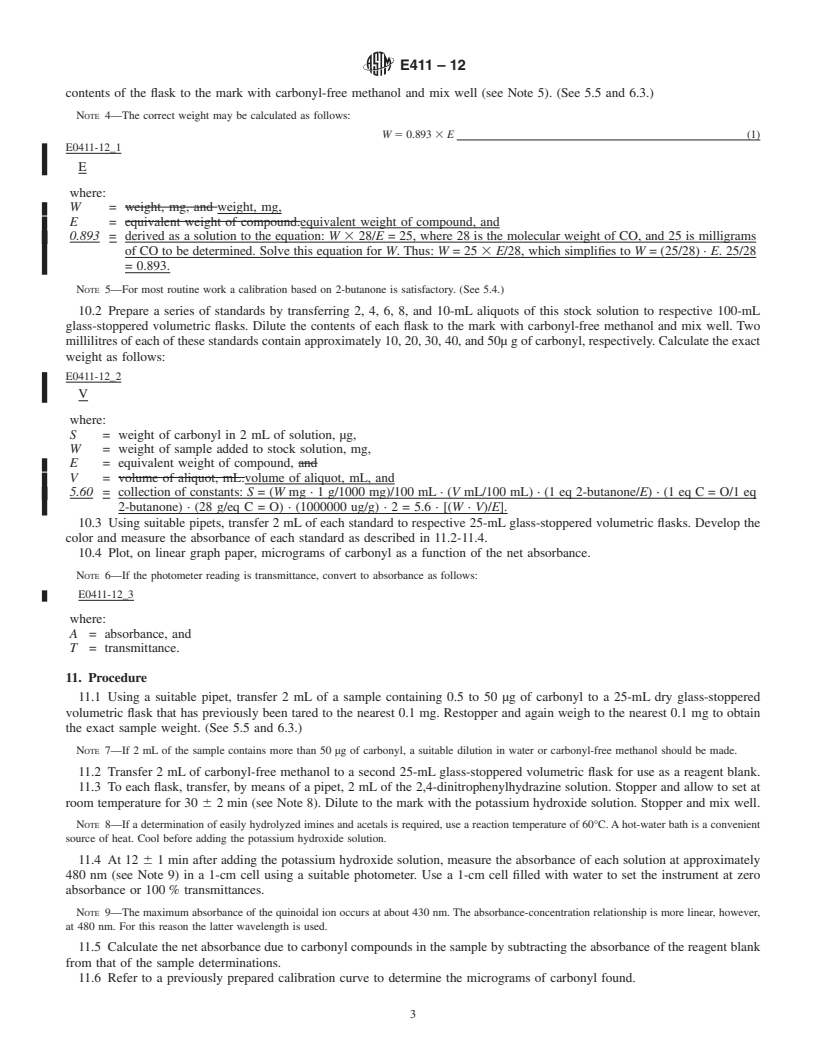 REDLINE ASTM E411-12 - Standard Test Method for  Trace Quantities of Carbonyl Compounds with 2,4-Dinitrophenylhydrazine