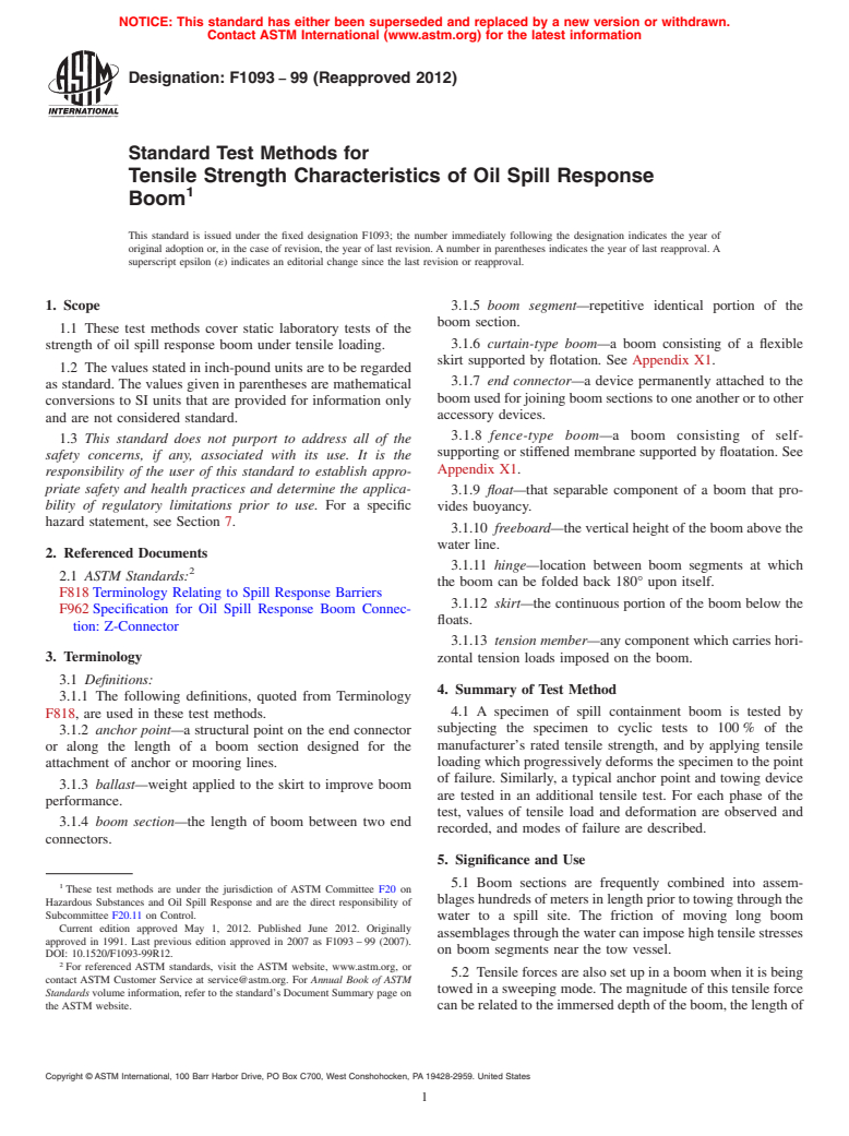 ASTM F1093-99(2012) - Standard Test Methods for Tensile Strength Characteristics of Oil Spill Response Boom