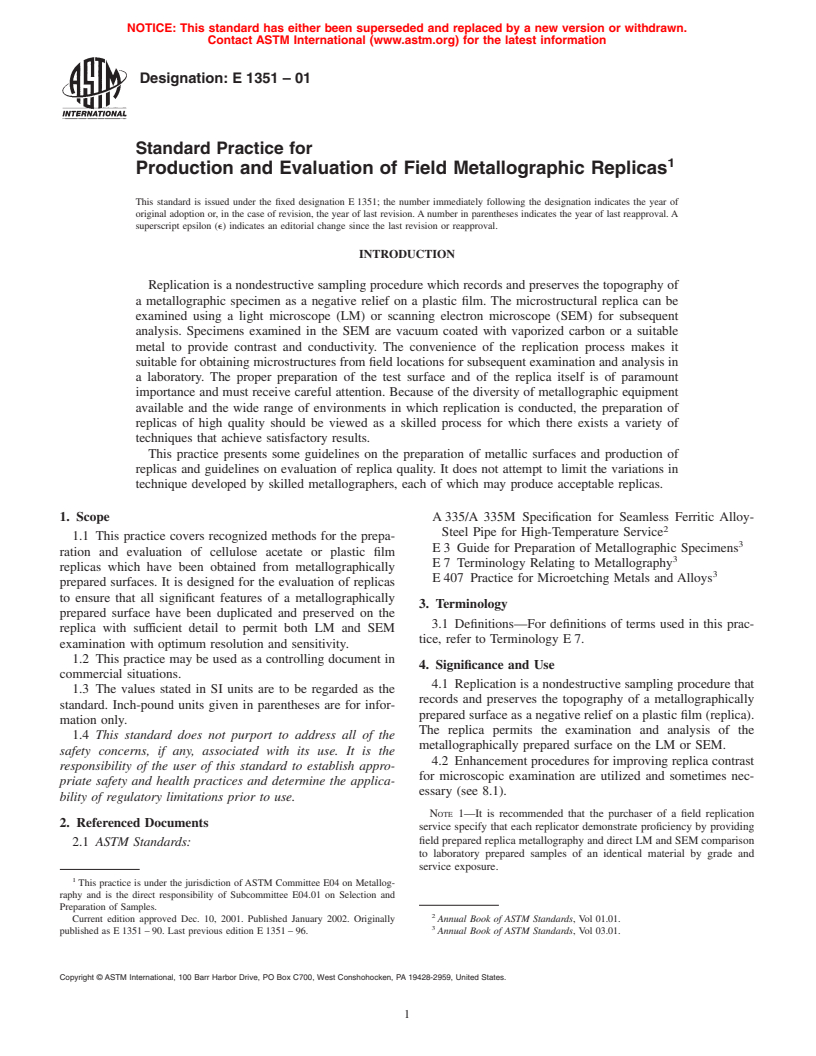 ASTM E1351-01 - Standard Practice for Production and Evaluation of Field Metallographic Replicas