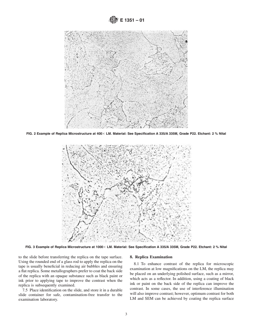 ASTM E1351-01 - Standard Practice for Production and Evaluation of Field Metallographic Replicas