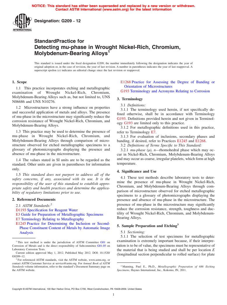 ASTM G209-12 - Standard Practice for Detecting mu-phase in Wrought Nickel-Rich, Chromium, Molybdenum-Bearing  Alloys