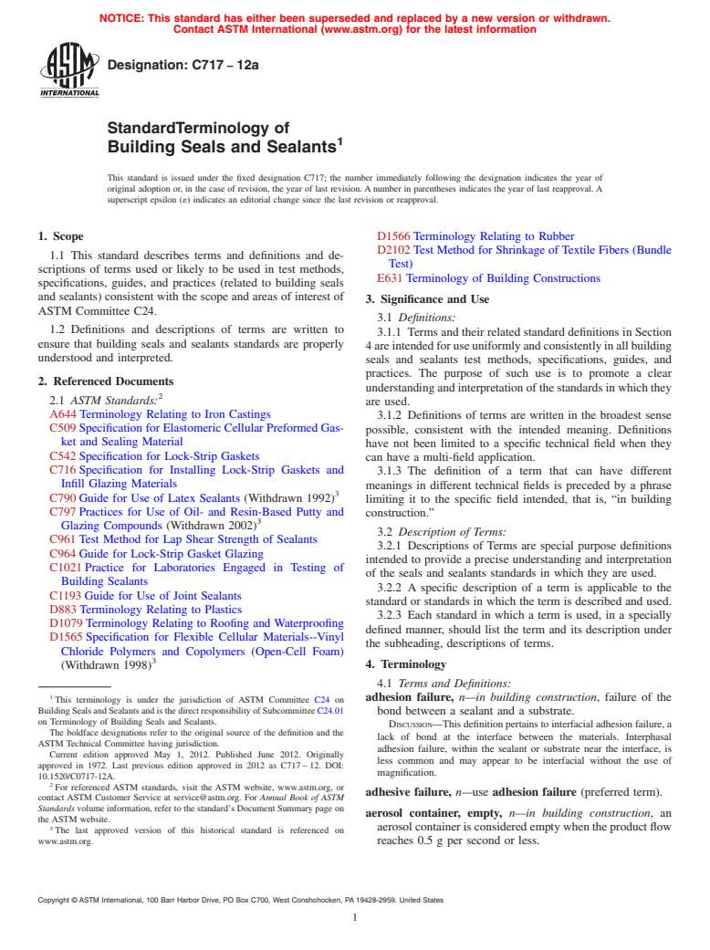 ASTM C717-12a - Standard Terminology of  Building Seals and Sealants