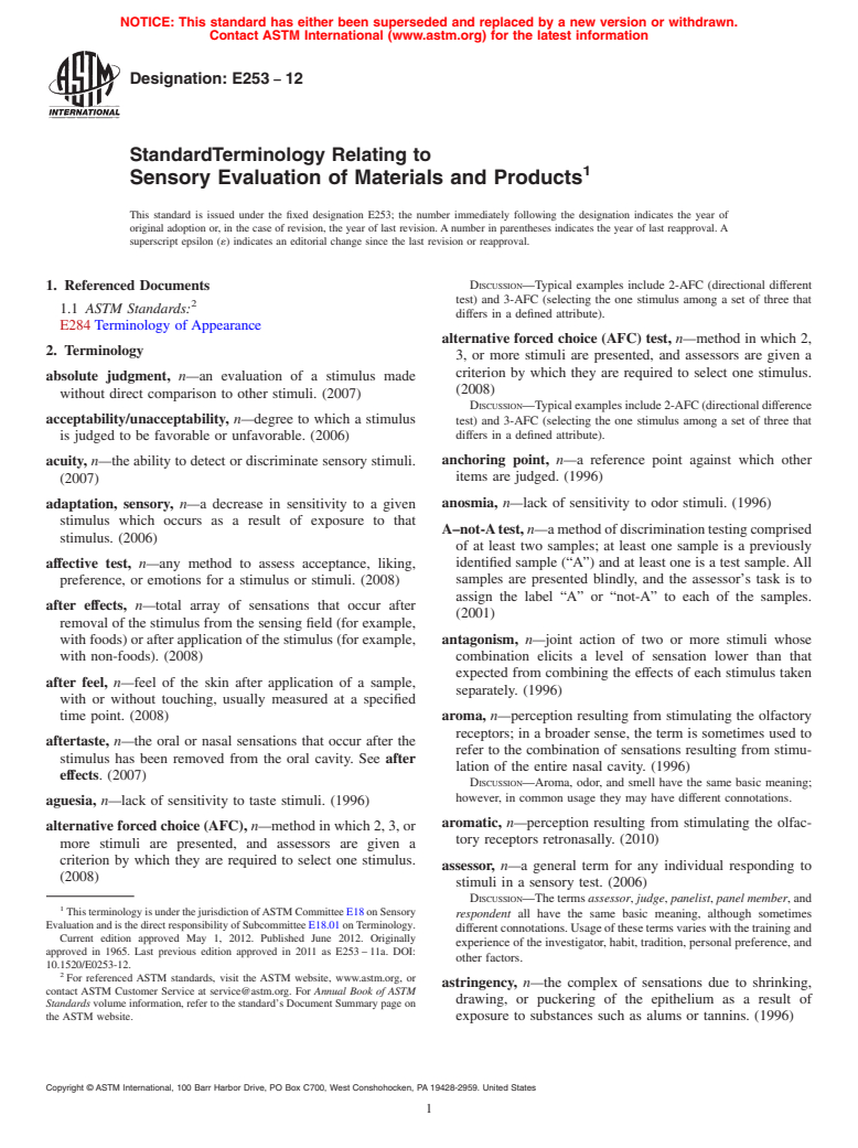 ASTM E253-12 - Standard Terminology Relating to Sensory Evaluation of Materials and Products