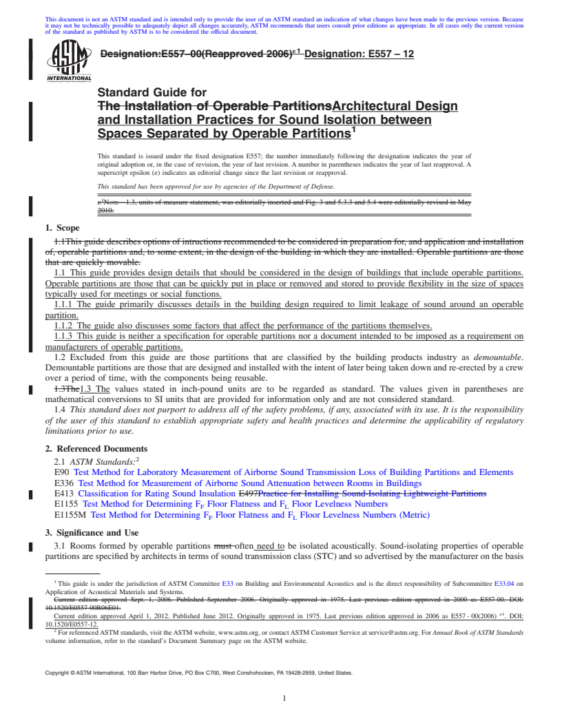 REDLINE ASTM E557-12 - Standard Guide for Architectural Design and Installation Practices for Sound Isolation between Spaces Separated by Operable Partitions