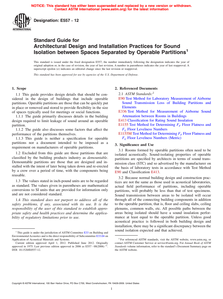 ASTM E557-12 - Standard Guide for Architectural Design and Installation Practices for Sound Isolation between Spaces Separated by Operable Partitions