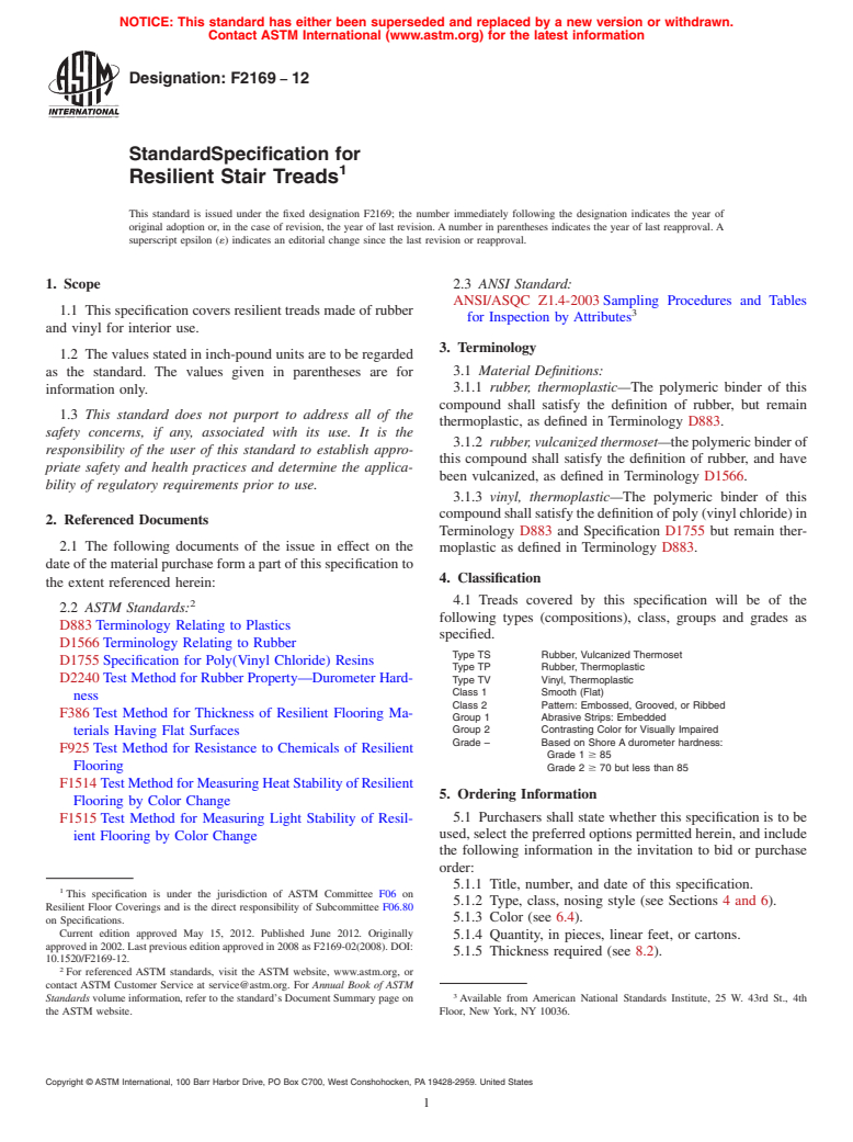 ASTM F2169-12 - Standard Specification for Resilient Stair Treads