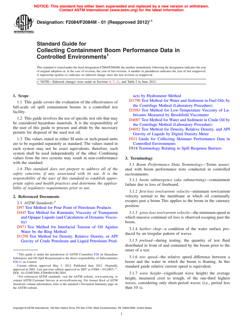 ASTM F2084/F2084M-01(2012)e1 - Standard Guide for Collecting Containment Boom Performance Data in Controlled Environments