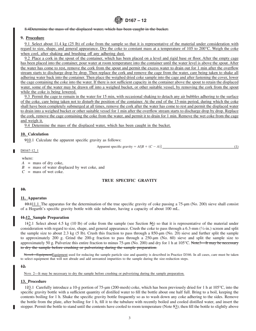 REDLINE ASTM D167-12 - Standard Test Method for Apparent and True Specific Gravity and Porosity of Lump Coke