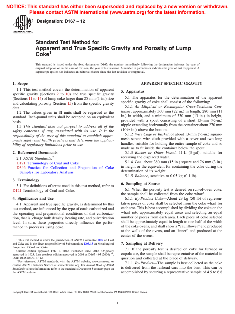 ASTM D167-12 - Standard Test Method for Apparent and True Specific Gravity and Porosity of Lump Coke