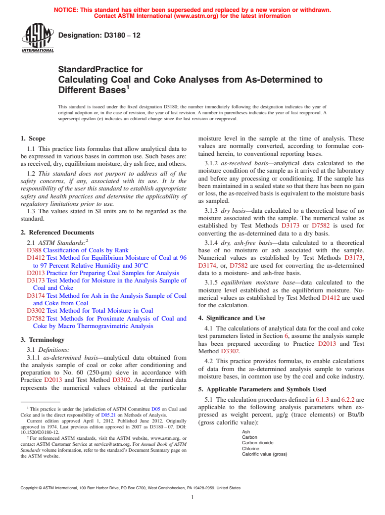 ASTM D3180-12 - Standard Practice for  Calculating Coal and Coke Analyses from As-Determined to Different Bases