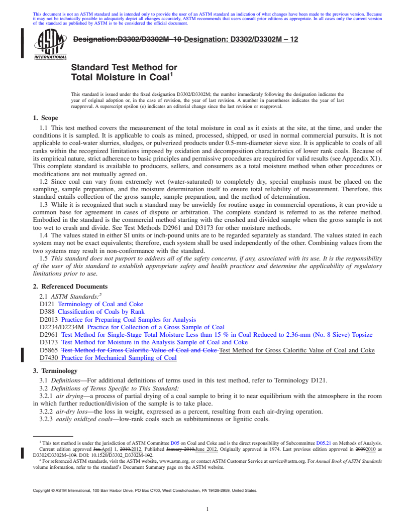 REDLINE ASTM D3302/D3302M-12 - Standard Test Method for  Total Moisture in Coal