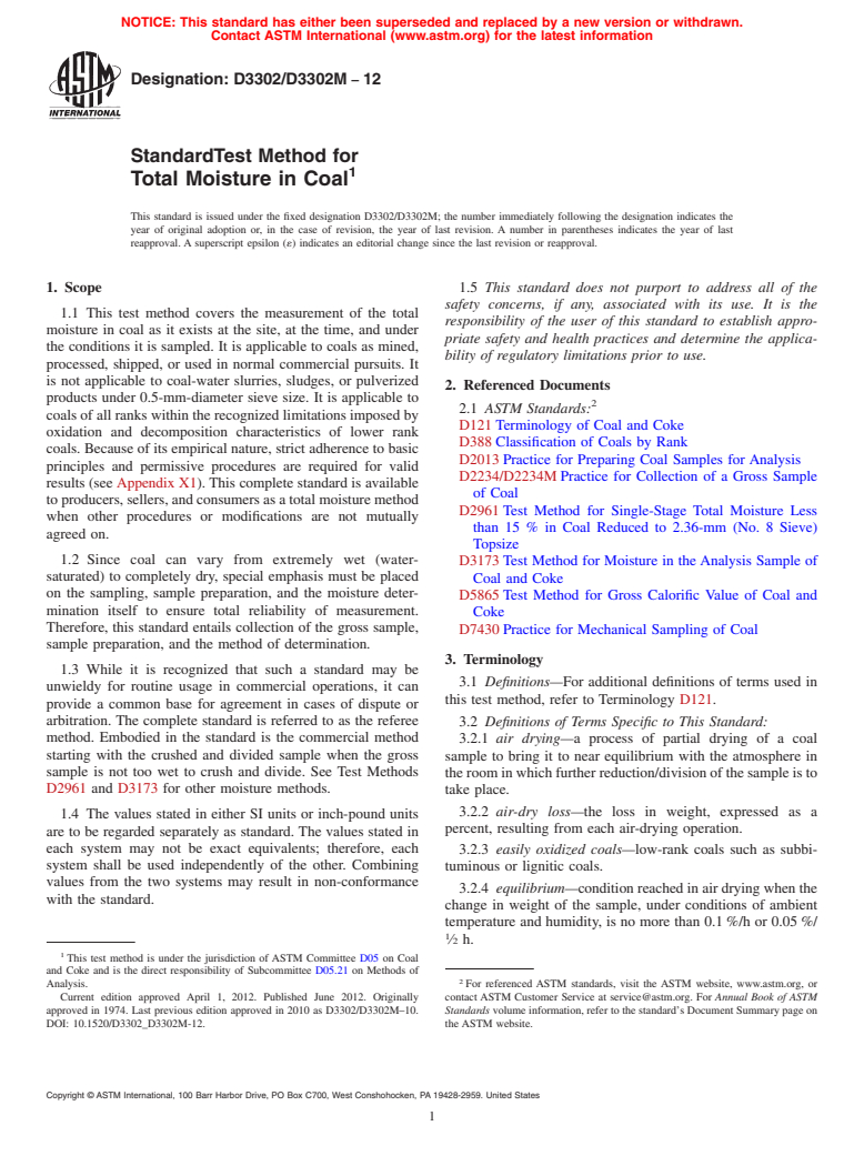 ASTM D3302/D3302M-12 - Standard Test Method for  Total Moisture in Coal