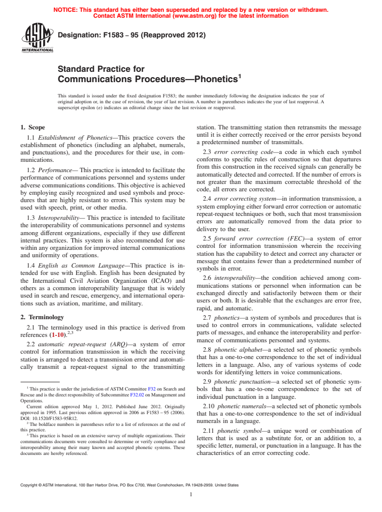 ASTM F1583-95(2012) - Standard Practice for Communications Procedures&mdash;Phonetics