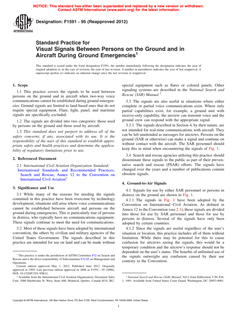 ASTM F1591-95(2012) - Standard Practice for  Visual Signals Between Persons on the Ground and in Aircraft During Ground Emergencies