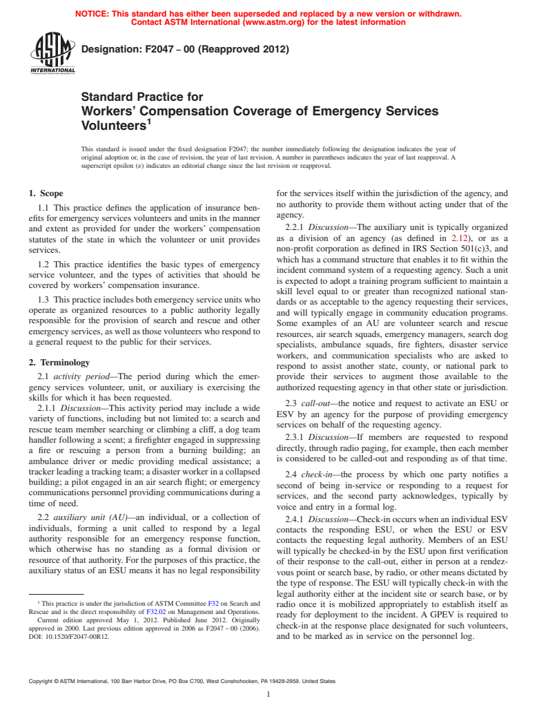 ASTM F2047-00(2012) - Standard Practice for Workers&rsquo; Compensation Coverage of Emergency Services Volunteers