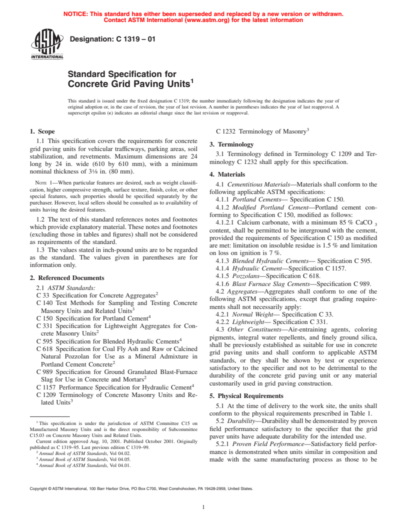 ASTM C1319-01 - Standard Specification for Concrete Grid Paving Units