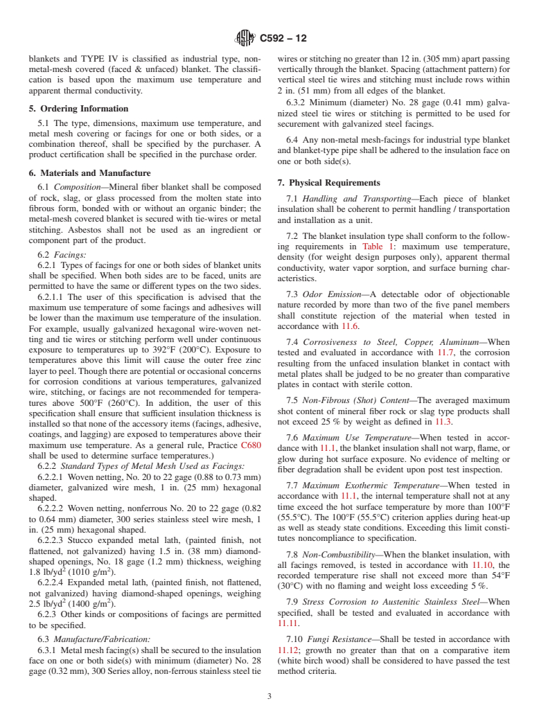 ASTM C592-12 - Standard Specification for Mineral Fiber Blanket Insulation and Blanket-Type Pipe Insulation (Metal-Mesh Covered) (Industrial Type)