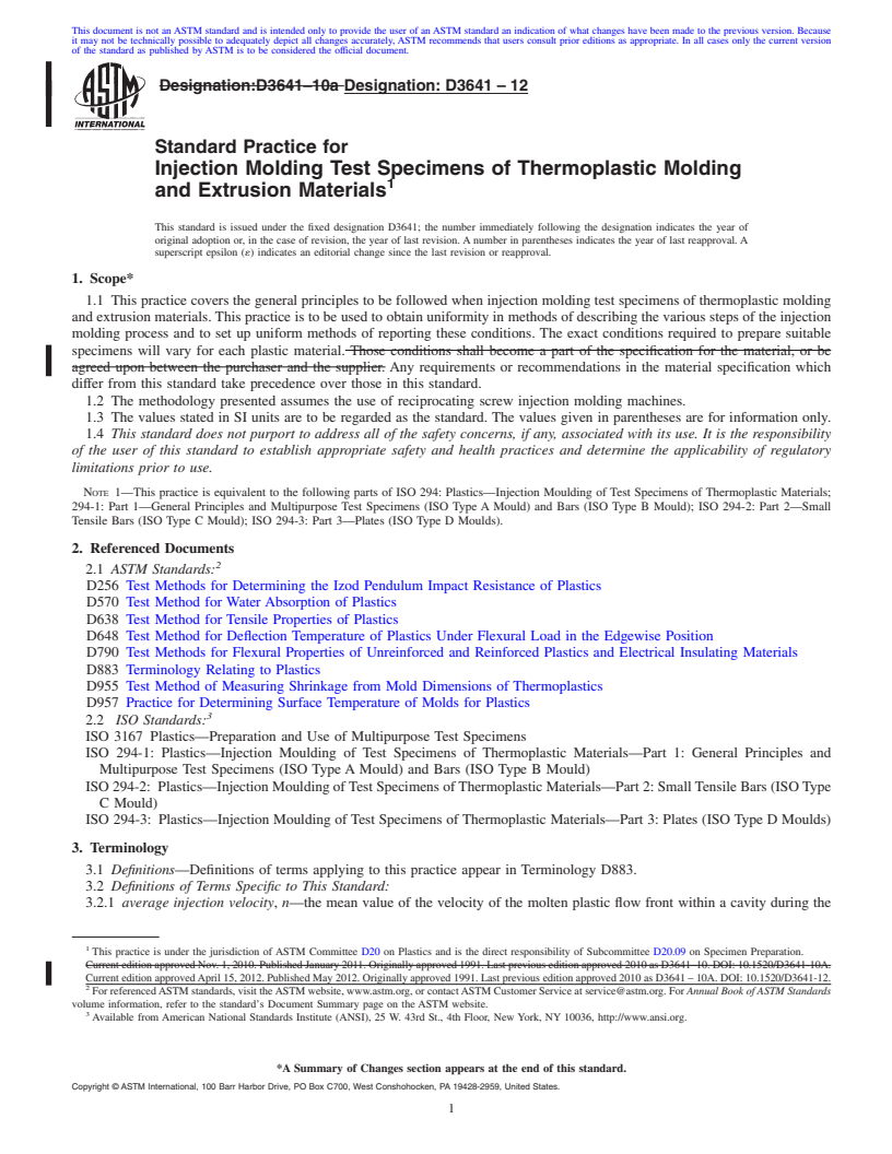 REDLINE ASTM D3641-12 - Standard Practice for Injection Molding Test Specimens of Thermoplastic Molding and Extrusion Materials