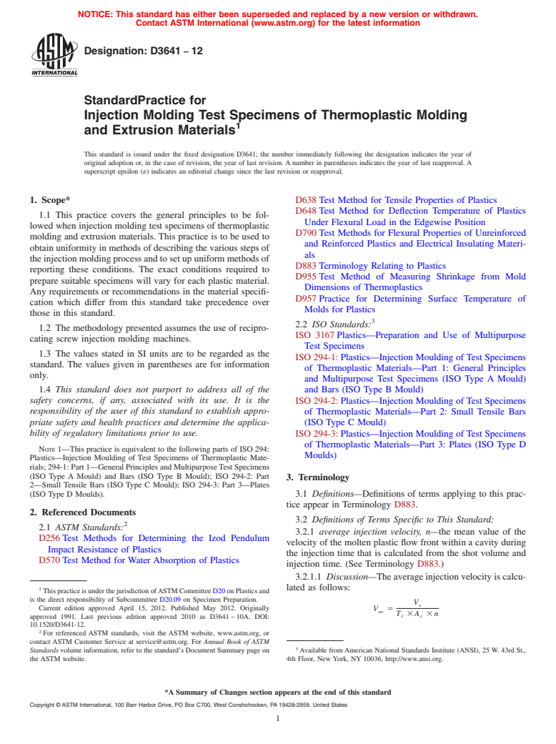 ASTM D3641-12 - Standard Practice for Injection Molding Test Specimens of Thermoplastic Molding and Extrusion Materials