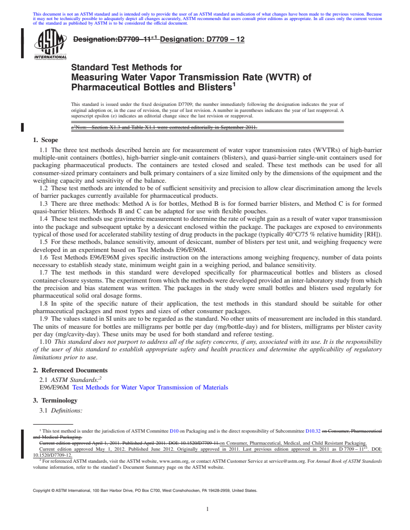 REDLINE ASTM D7709-12 - Standard Test Methods for Measuring Water Vapor Transmission Rate (WVTR) of Pharmaceutical Bottles and Blisters