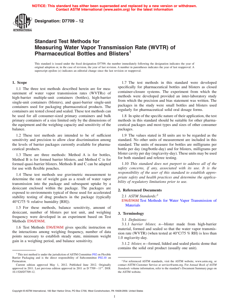 ASTM D7709-12 - Standard Test Methods for Measuring Water Vapor Transmission Rate (WVTR) of Pharmaceutical Bottles and Blisters