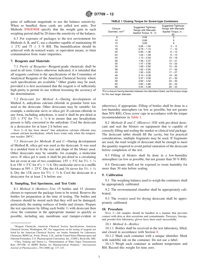 ASTM D7709-12 - Standard Test Methods for Measuring Water Vapor Transmission Rate (WVTR) of Pharmaceutical Bottles and Blisters