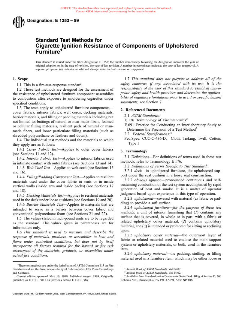 ASTM E1353-99 - Standard Test Methods for Cigarette Ignition Resistance of Components of Upholstered Furniture