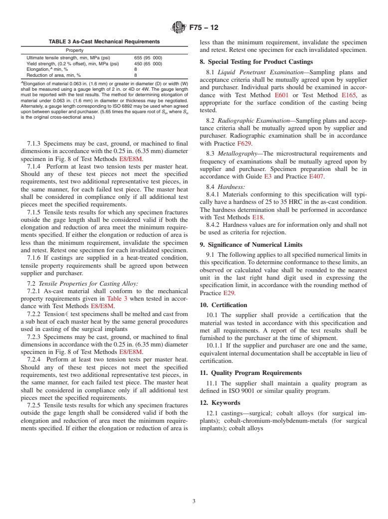 ASTM F75-12 - Standard Specification for  Cobalt-28 Chromium-6 Molybdenum Alloy Castings and Casting Alloy for  Surgical Implants (UNS R30075)