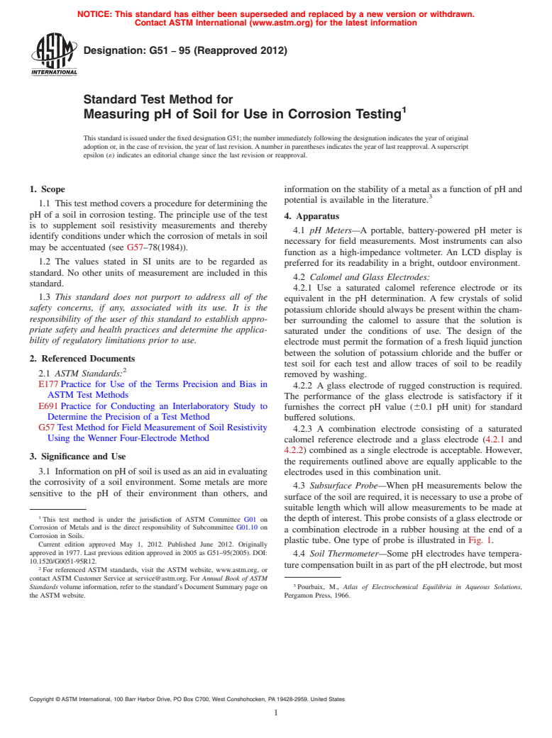 ASTM G51-95(2012) - Standard Test Method for Measuring pH of Soil for Use in Corrosion Testing