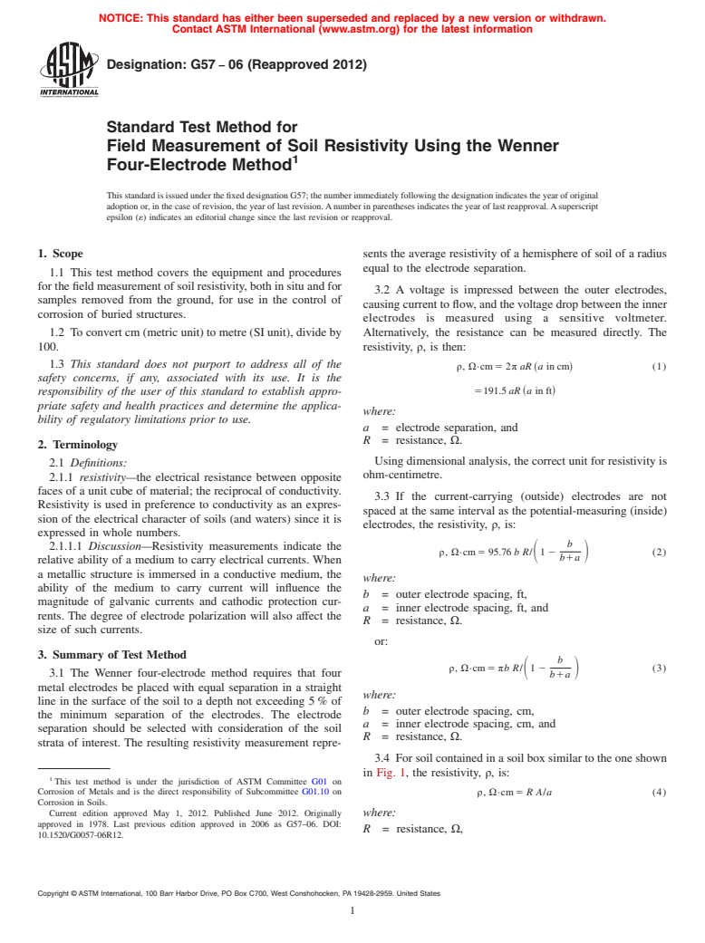 ASTM G57-06(2012) - Standard Test Method for Field Measurement of Soil Resistivity Using the Wenner Four-Electrode Method