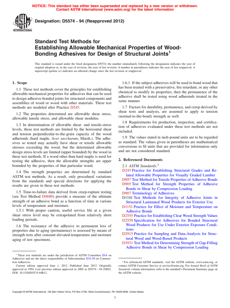 ASTM D5574-94(2012) - Standard Test Methods for  Establishing Allowable Mechanical Properties of Wood-Bonding Adhesives for Design of Structural Joints