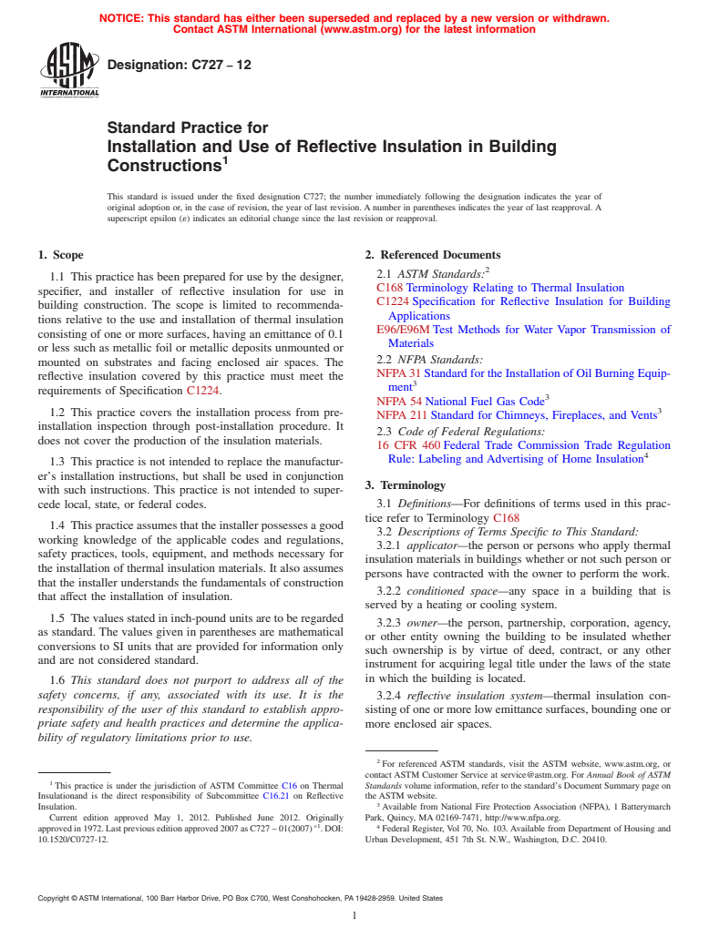 ASTM C727-12 - Standard Practice for Installation and Use of Reflective Insulation in Building Constructions