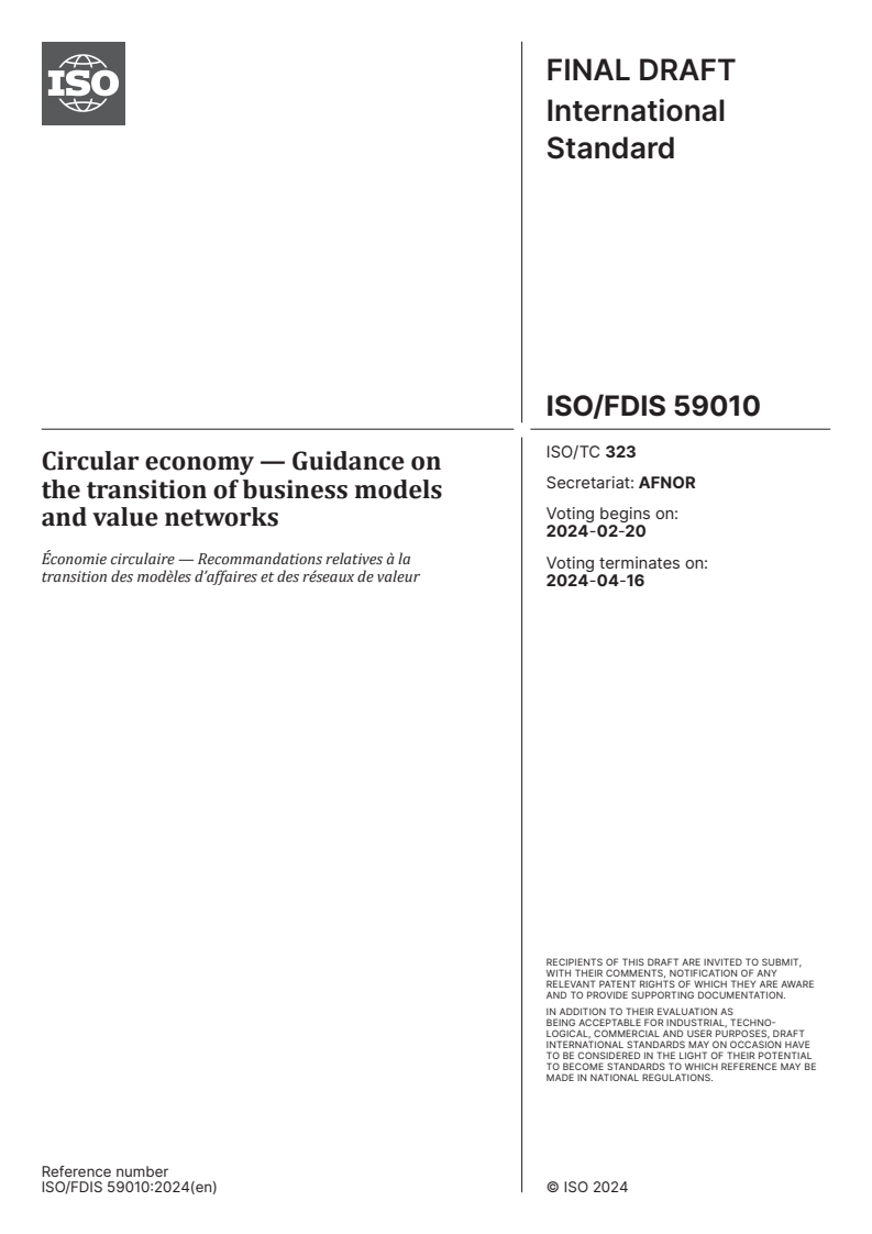 ISO/FDIS 59010 - Circular economy — Guidance on the transition of business models and value networks
Released:6. 02. 2024