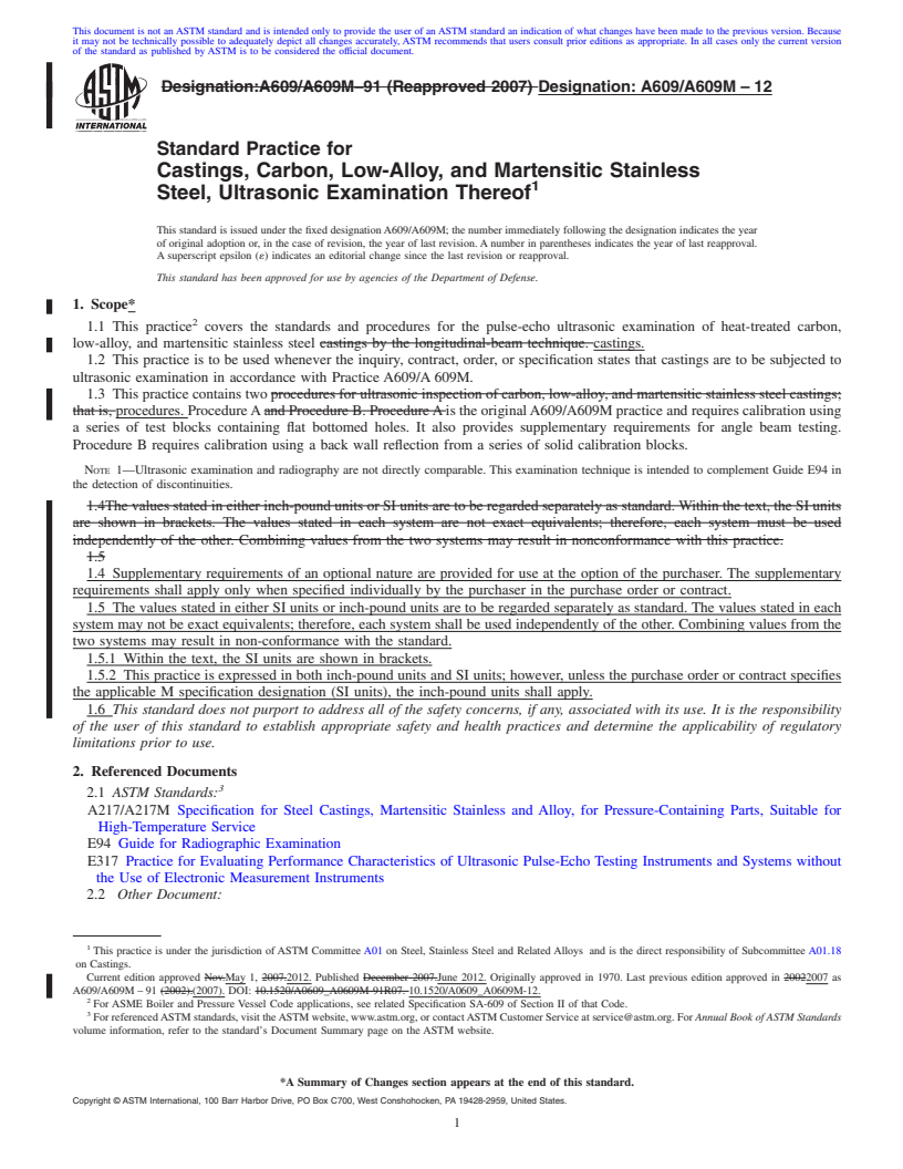 REDLINE ASTM A609/A609M-12 - Standard Practice for  Castings, Carbon, Low-Alloy, and Martensitic Stainless Steel, Ultrasonic Examination Thereof