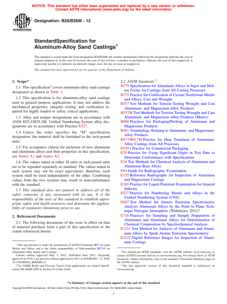 ASTM B26/B26M-12 - Standard Specification for  Aluminum-Alloy Sand Castings
