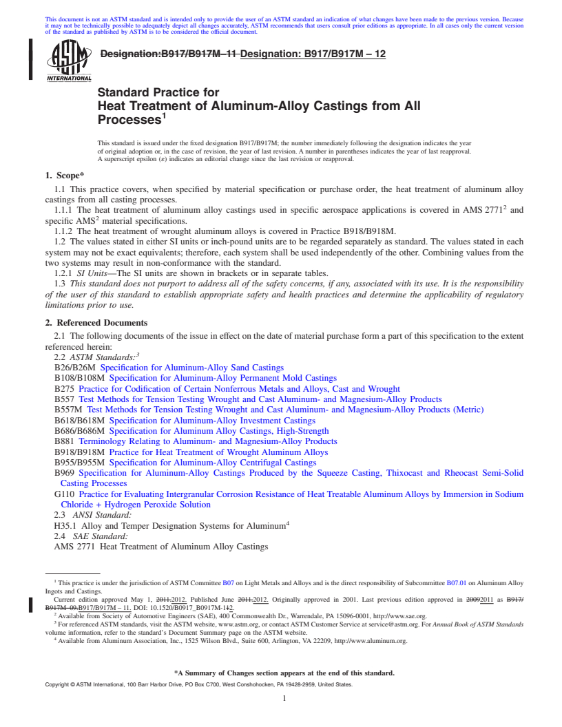 REDLINE ASTM B917/B917M-12 - Standard Practice for Heat Treatment of Aluminum-Alloy Castings from All Processes