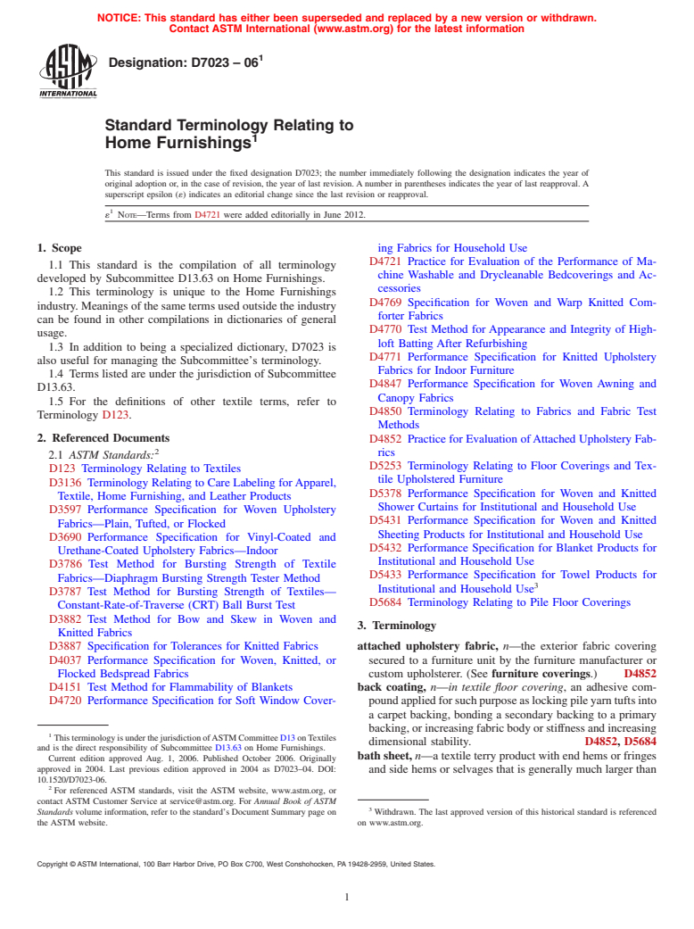 ASTM D7023-06e1 - Standard Terminology Relating to Home Furnishings