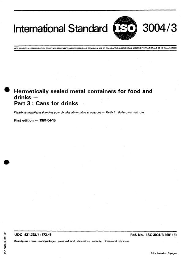 ISO 3004-3:1981 - Hermetically sealed metal containers for food and drinks
