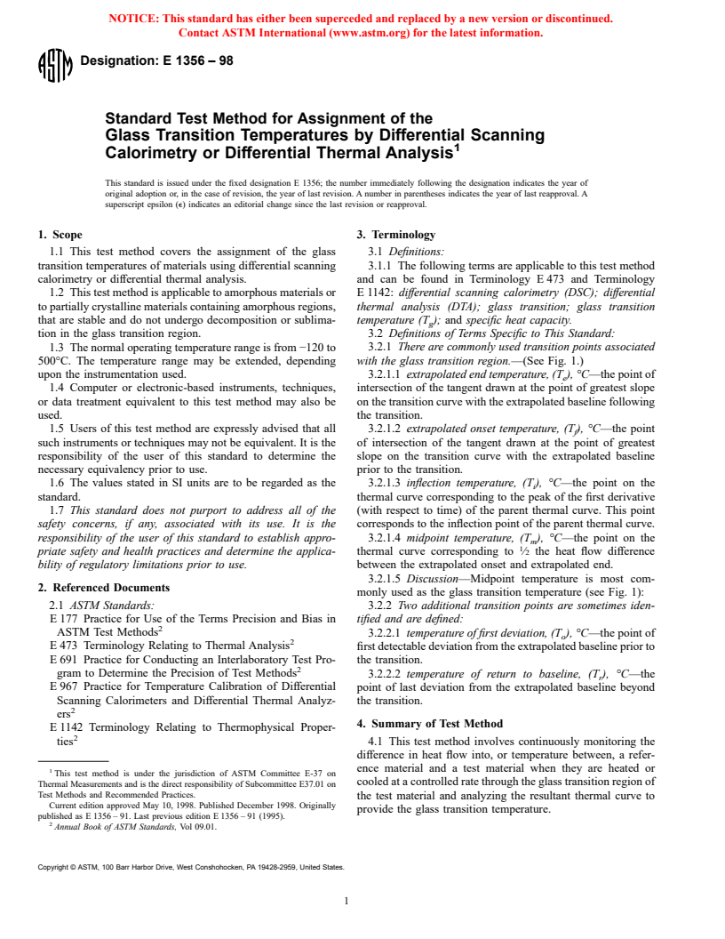 ASTM E1356-98 - Standard Test Method for Assignment of the Glass Transition Temperatures by Differential Scanning Calorimetry or Differential Thermal Analysis