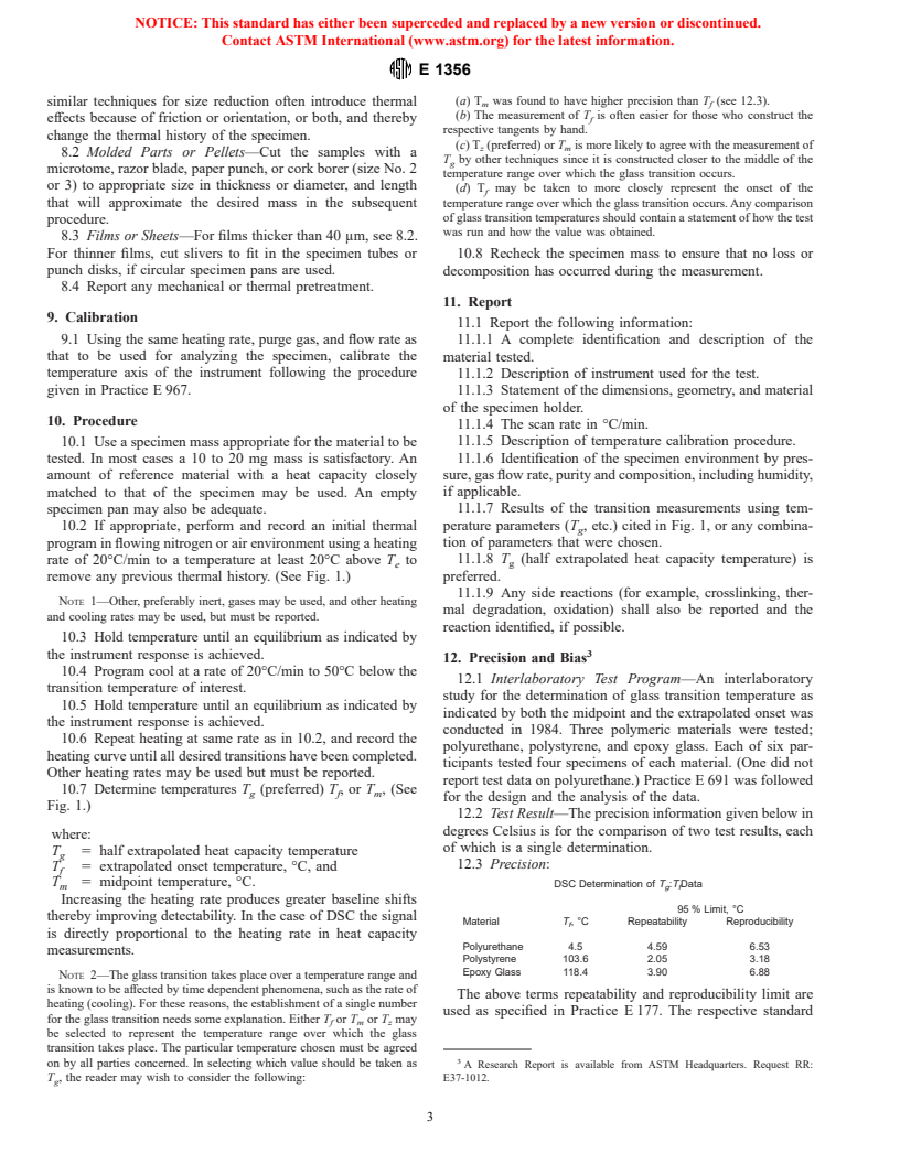 ASTM E1356-98 - Standard Test Method for Assignment of the Glass Transition Temperatures by Differential Scanning Calorimetry or Differential Thermal Analysis