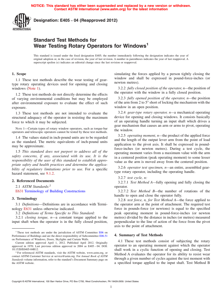 ASTM E405-04(2012) - Standard Test Methods for  Wear Testing Rotary Operators for Windows