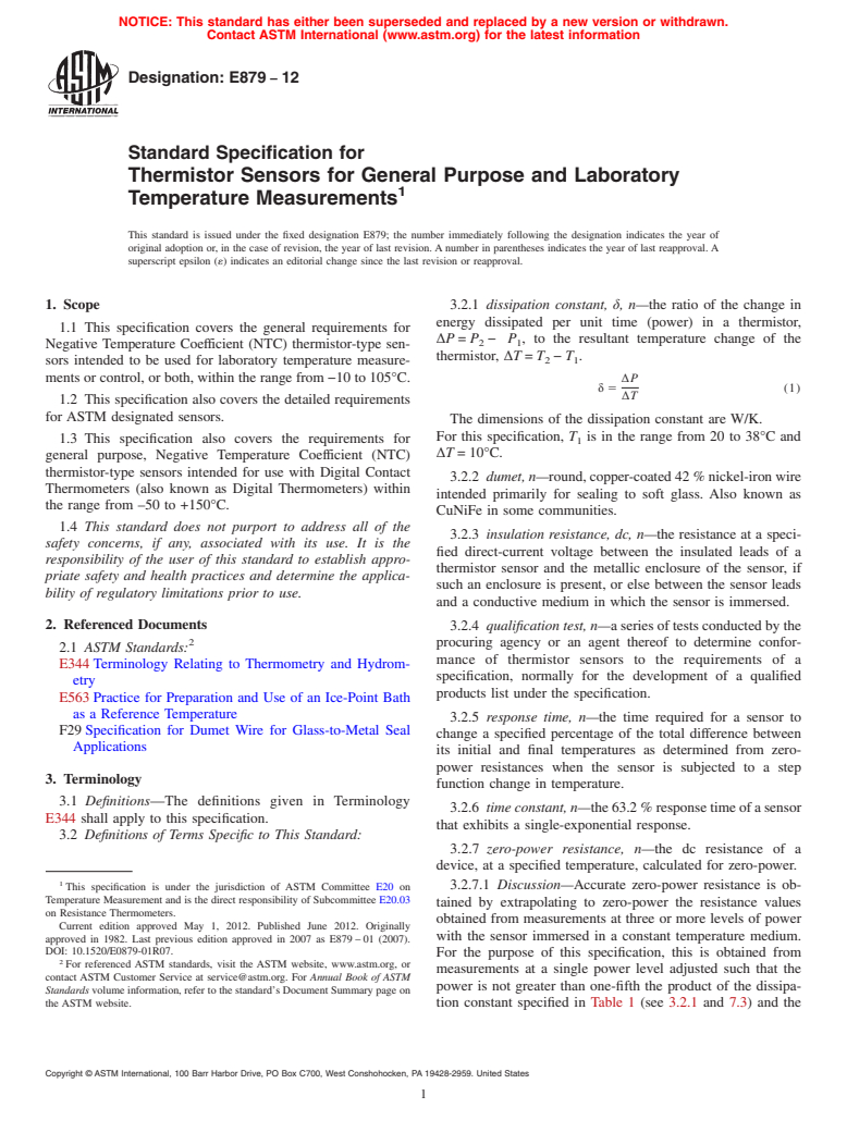 ASTM E879-12 - Standard Specification for  Thermistor Sensors for General Purpose and Laboratory Temperature Measurements