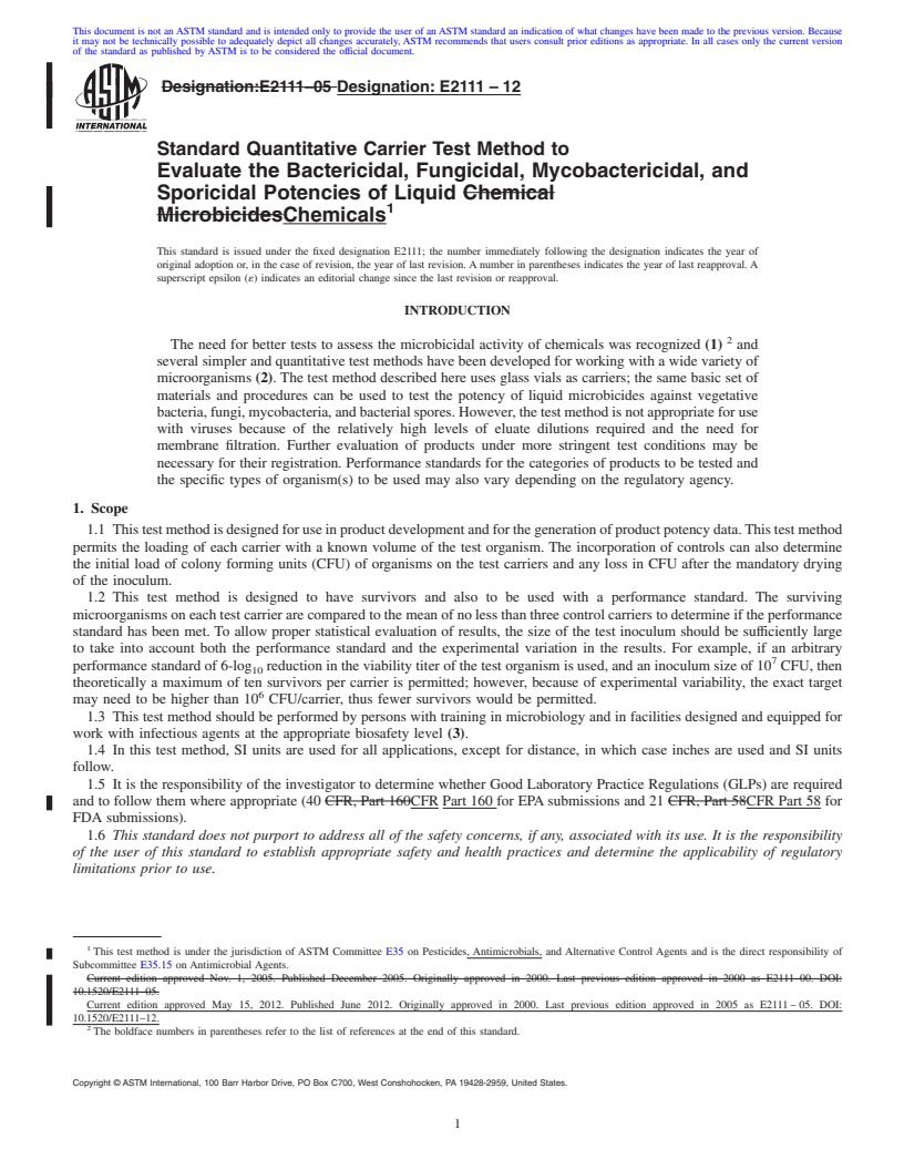 REDLINE ASTM E2111-12 - Standard Quantitative Carrier Test Method to Evaluate the Bactericidal, Fungicidal, Mycobactericidal, and Sporicidal Potencies of Liquid Chemicals