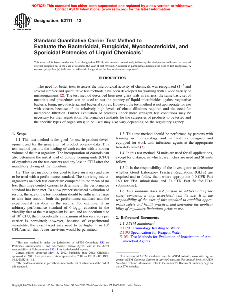 ASTM E2111-12 - Standard Quantitative Carrier Test Method to Evaluate the Bactericidal, Fungicidal, Mycobactericidal, and Sporicidal Potencies of Liquid Chemicals