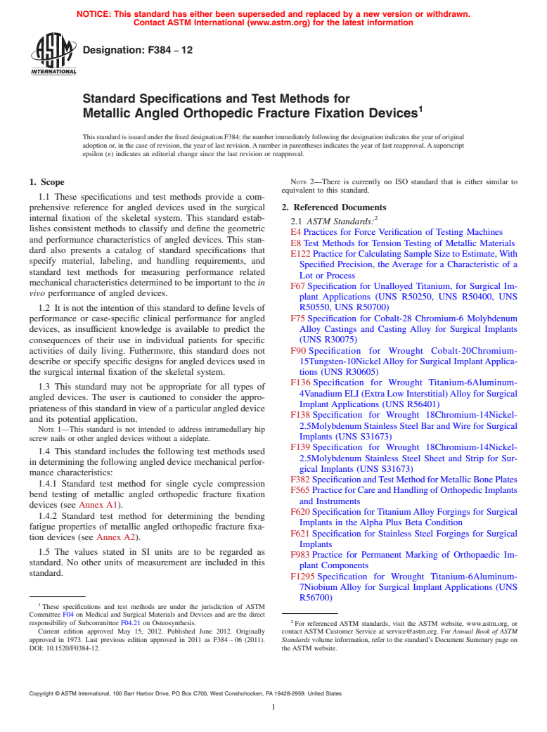 ASTM F384-12 - Standard Specifications and Test Methods for Metallic Angled Orthopedic Fracture Fixation Devices