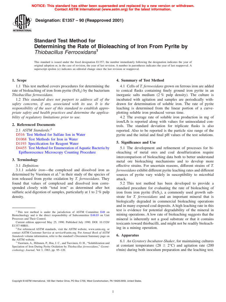 ASTM E1357-90(2001) - Standard Test Method for Determining the Rate of Bioleaching of Iron From Pyrite by <i>Thiobacillus Ferrooxidans</i> (Withdrawn 2010)