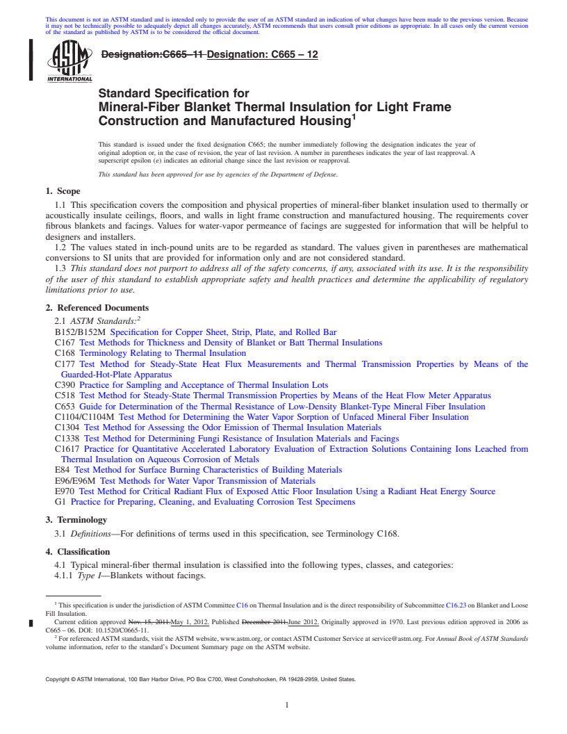 REDLINE ASTM C665-12 - Standard Specification for  Mineral-Fiber Blanket Thermal Insulation for Light Frame Construction and Manufactured Housing